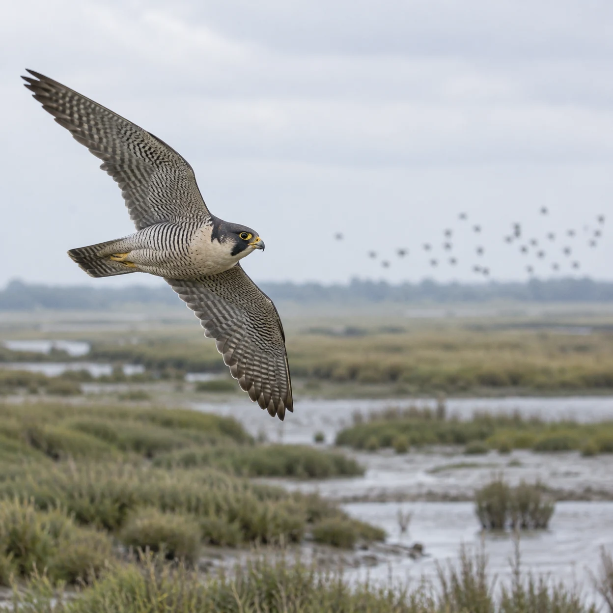 A peregrine falcon flies low over a muted green-grey saltmarsh, its barred wings spread and head turned to the right; a blurred flock of small birds crosses…