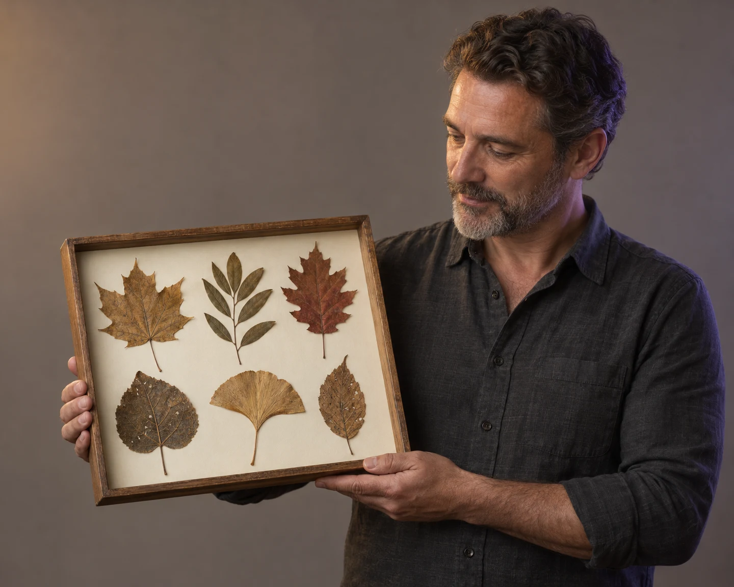 A middle-aged man in a charcoal shirt looks down at six dried leaves arranged on ivory backing in a wooden display case, against a warm grey studio backdrop.