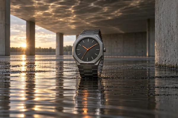 A gunmetal wristwatch with an octagonal case, dark dial, baton markers and orange hands stands on wet pavement beneath a concrete portico, with warm reflected…