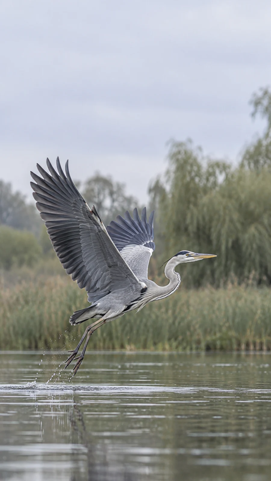 A grey heron lifts off from shallow river water with its wings raised and spread, neck curved forward and long legs trailing; droplets fall near its feet as…