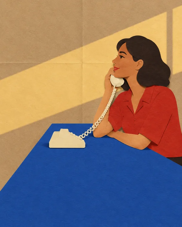 A paper-cut illustration of a dark-haired person in a red shirt, shown in profile holding an ivory telephone receiver beside a large cobalt-blue tabletop.