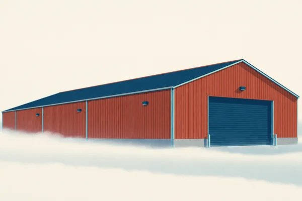 A long rust-red corrugated warehouse with a dark navy pitched roof and broad closed loading door stands against a pale ivory sky, with low pale fog obscuring…