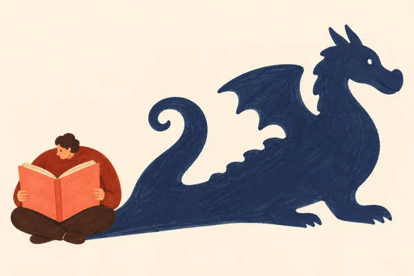 A cross-legged reader studies an oversized coral open book on a warm cream background.