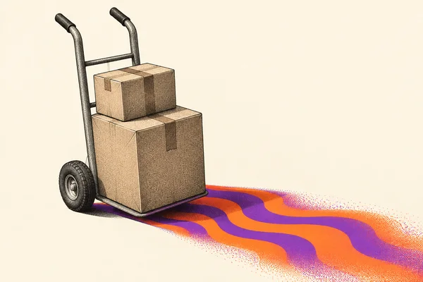 A stippled illustration of a two-wheeled hand truck carrying two taped cardboard cartons, with a broad violet-and-orange wavy shadow stretching across a warm…