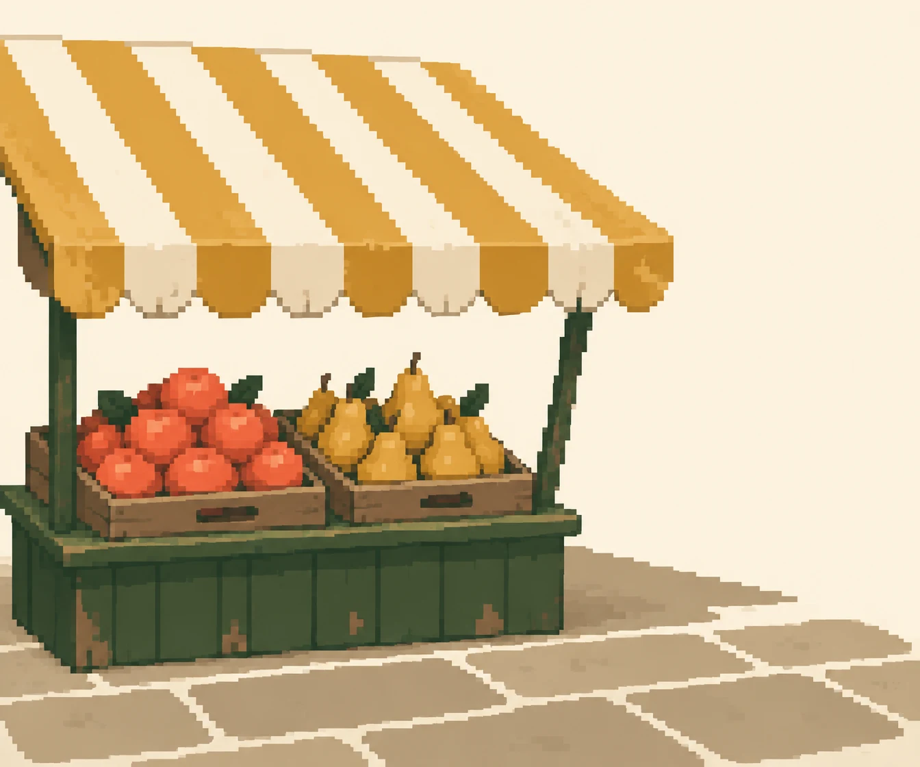 A small dark-green produce stall sits on large tan paving stones, with crates of coral-colored fruit and golden pears beneath a broad striped awning.