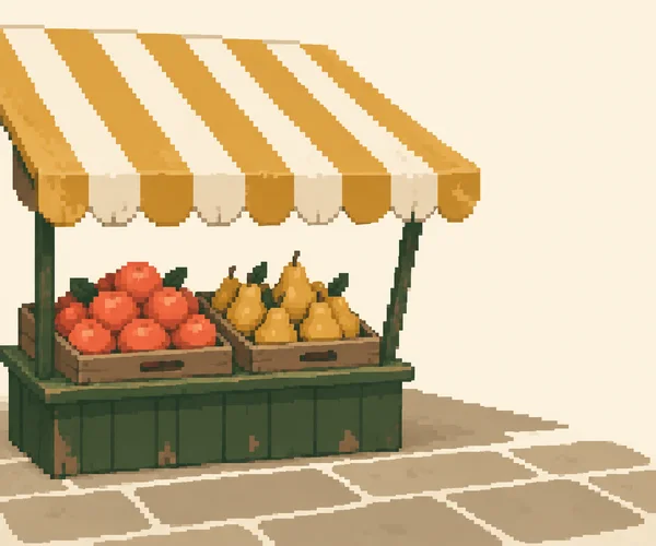 A small dark-green produce stall sits on large tan paving stones, with crates of coral-colored fruit and golden pears beneath a broad striped awning.
