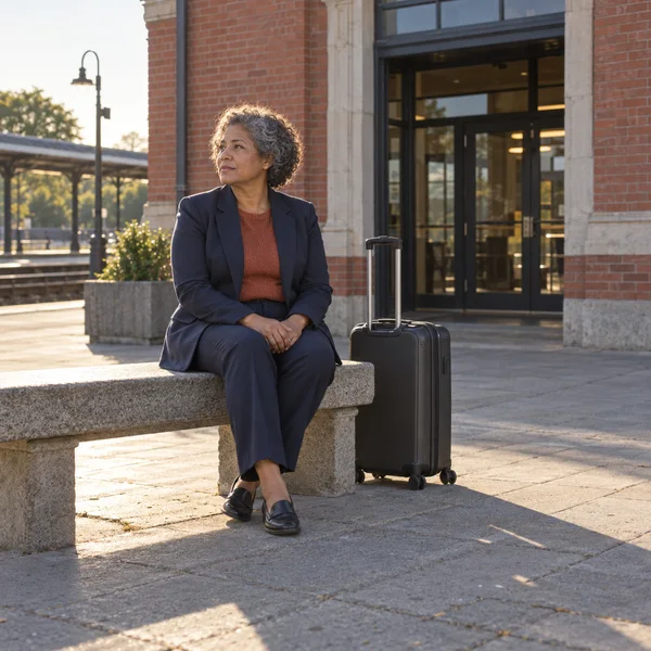 A woman with short grey curls sits on a stone bench outside a red-brick rail terminal, wearing a navy suit and rust-colored top, with a dark rolling suitcase…
