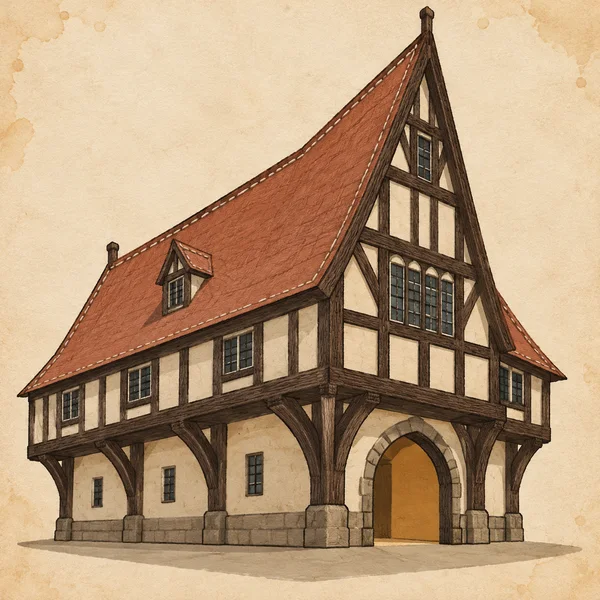 A large historic timber-framed guildhall with cream plaster panels, dark braces, a steep terracotta roof and an open ochre arched entrance, shown from a low…