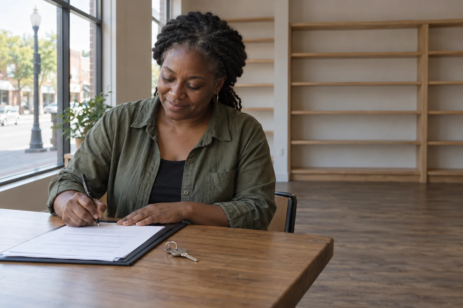 A middle-aged woman with deep brown skin sits at a wooden table in a mostly empty storefront, smiling slightly as she signs a document in a folder.