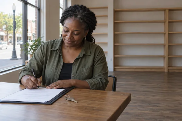 A middle-aged woman with deep brown skin sits at a wooden table in a mostly empty storefront, smiling slightly as she signs a document in a folder.