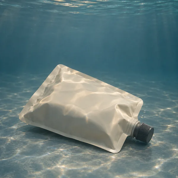 An ivory sealed refill pouch with a charcoal screw cap rests diagonally on a slate-blue tank floor underwater, with warm highlights, ripples and bubbles near…