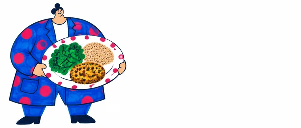 A smiling clinician in a cobalt coat with raspberry dots holds a large dotted-rim plate of leafy greens, grains and a golden patty against a white background…
