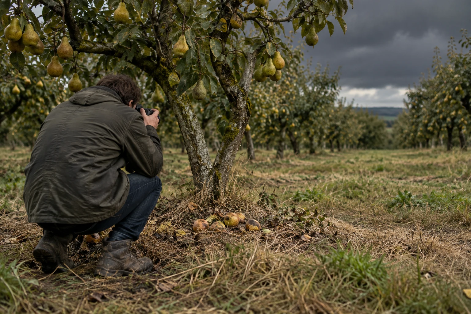 A crouching photographer in a weathered dark jacket aims a camera toward several fallen pears beneath a tree in a small orchard, with rows of trees and storm…