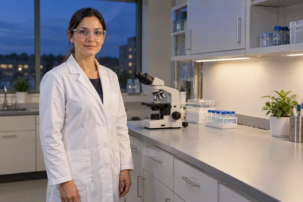 A researcher in a white lab coat and clear safety glasses stands beside a microscope at a laboratory workstation, with a blue twilight view through the window…
