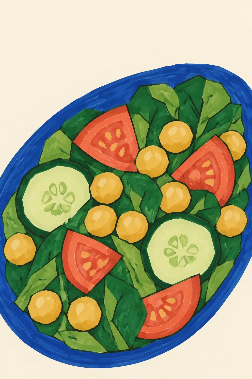 A top-down illustration of a large diagonal oval bowl with a cobalt-blue rim, filled with leafy greens, golden chickpeas, two cucumber rounds and coral tomato…
