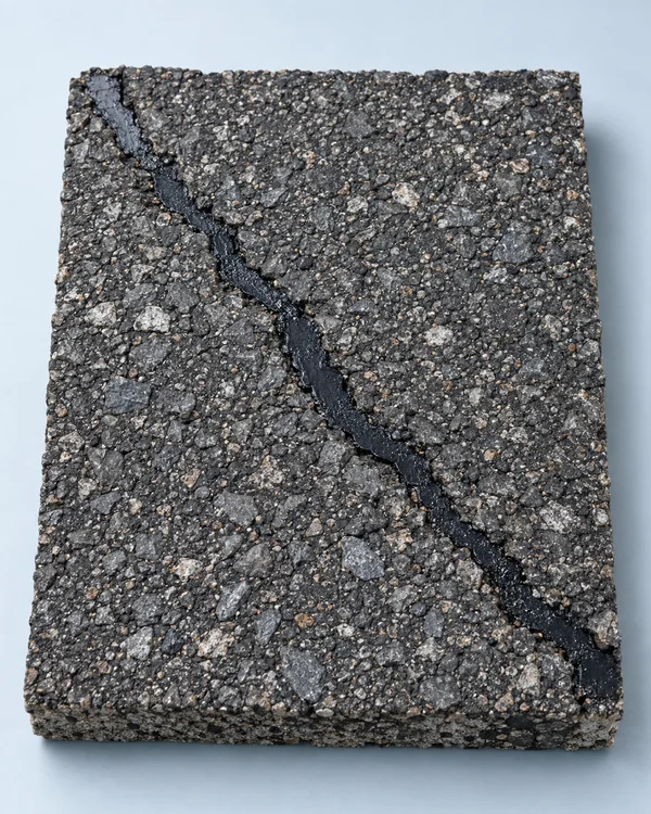 A rectangular, thick asphalt sample rests on a pale blue surface, with a jagged diagonal crack filled by a dark, glossy sealant ribbon.