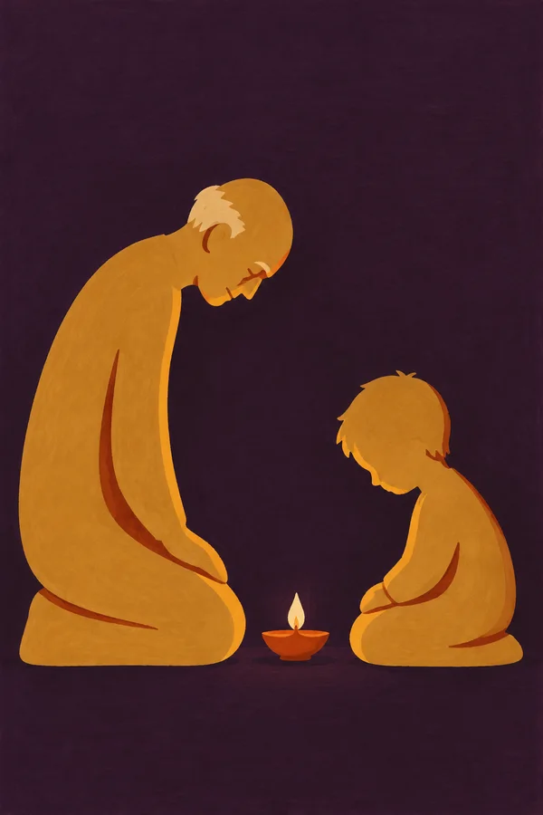 A long-torsoed elder and a compact child kneel facing each other, bowing toward a small terracotta oil lamp with a pale flame against a deep plum background.