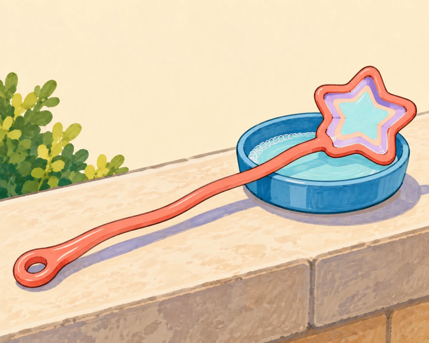 A long coral bubble wand with a rounded five-point star loop rests diagonally across a shallow blue dish on a sunlit patio ledge.