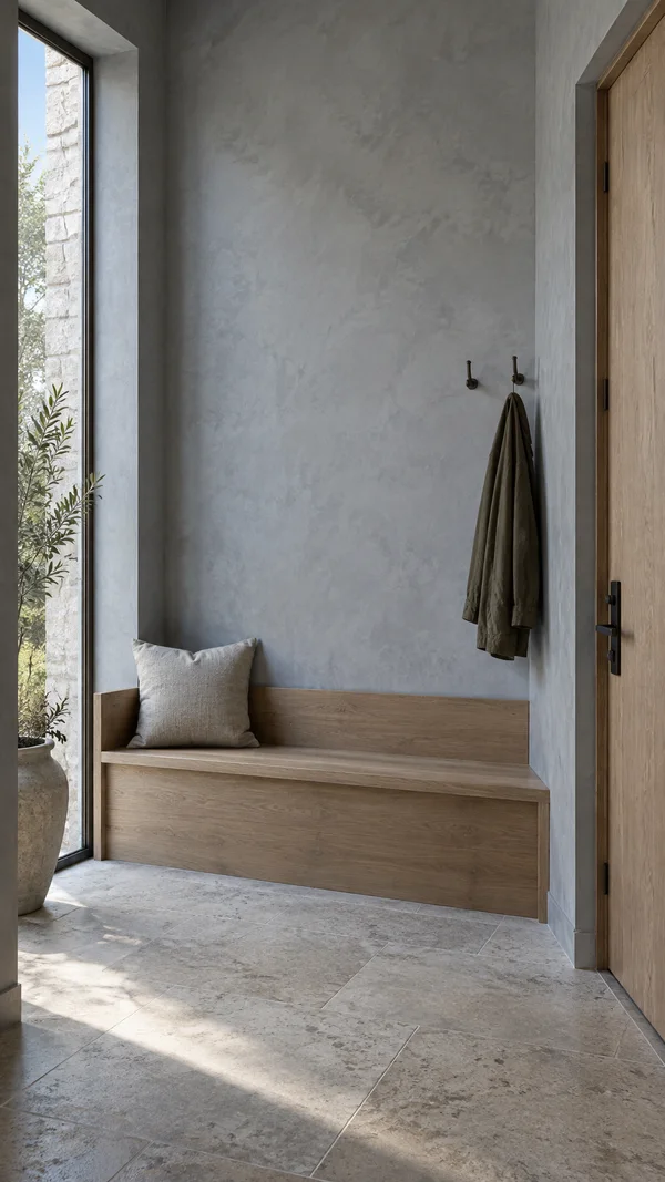A built-in oak entryway bench with a light linen cushion sits beneath two dark metal hooks, one holding a dark coat.