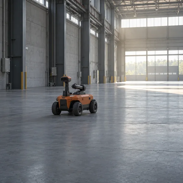 A compact burnt-orange inspection robot with a raised optical sensor and folded arm sits on the concrete floor of a large, empty industrial hall, lit by…