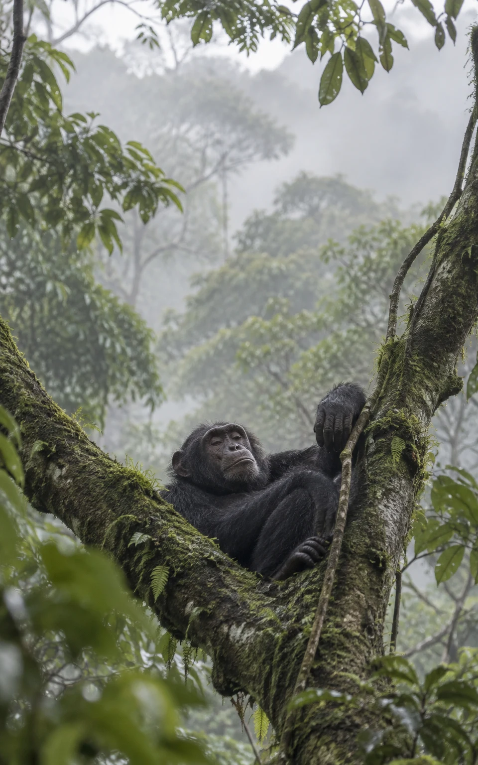 A dark-haired chimpanzee reclines in the moss-covered fork of a large rainforest tree, one hand resting beside a hanging vine, with misty green canopy fading…