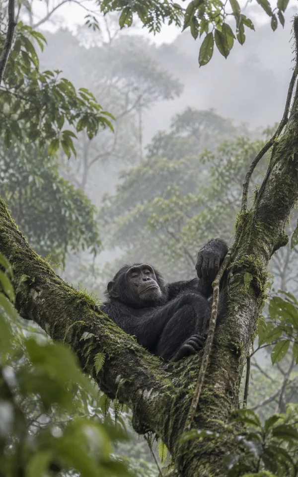 A dark-haired chimpanzee reclines in the moss-covered fork of a large rainforest tree, one hand resting beside a hanging vine, with misty green canopy fading…