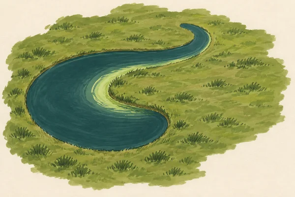 A dark teal crescent-shaped lake with a broad rounded end and narrow curled tail sits in a moss-green floodplain, with a pale lime shoreline stroke and…