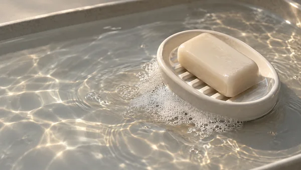 An ivory rectangular cleansing bar rests on the raised ribs of an oval white dish in a shallow tray of rippling water, with foam bubbles gathered along the…