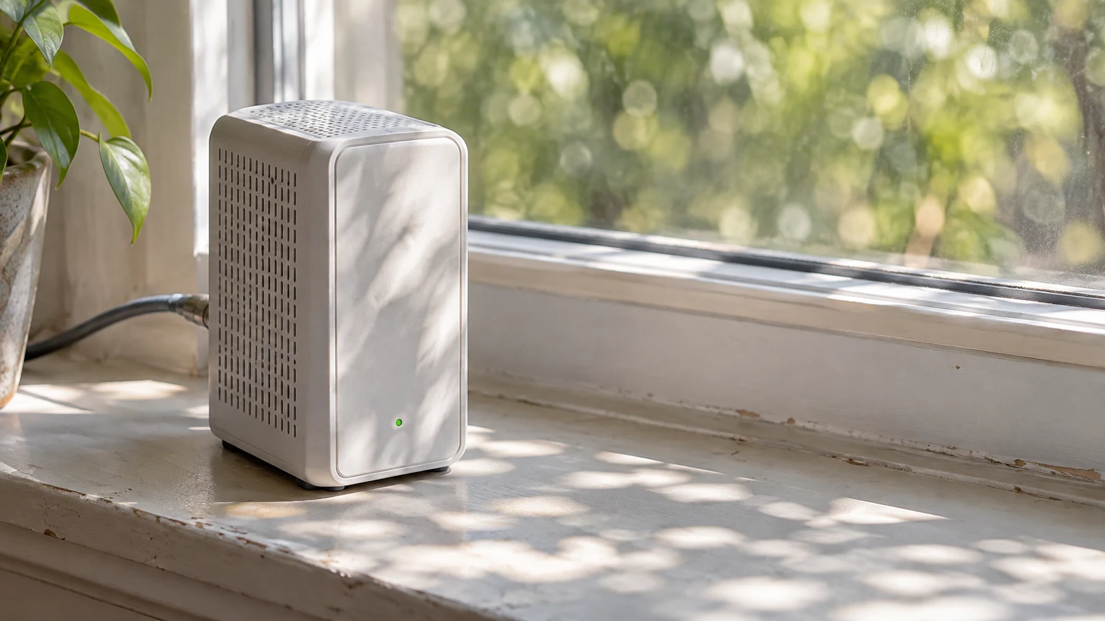 A pale, unbranded upright cable modem with a small green status light sits on a worn white windowsill, with a dark cable curving behind it and soft foliage…