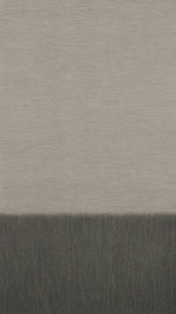 A vertical abstract composition with a broad warm grey textured field above a smaller charcoal field, divided by a soft, fibrous horizontal boundary.