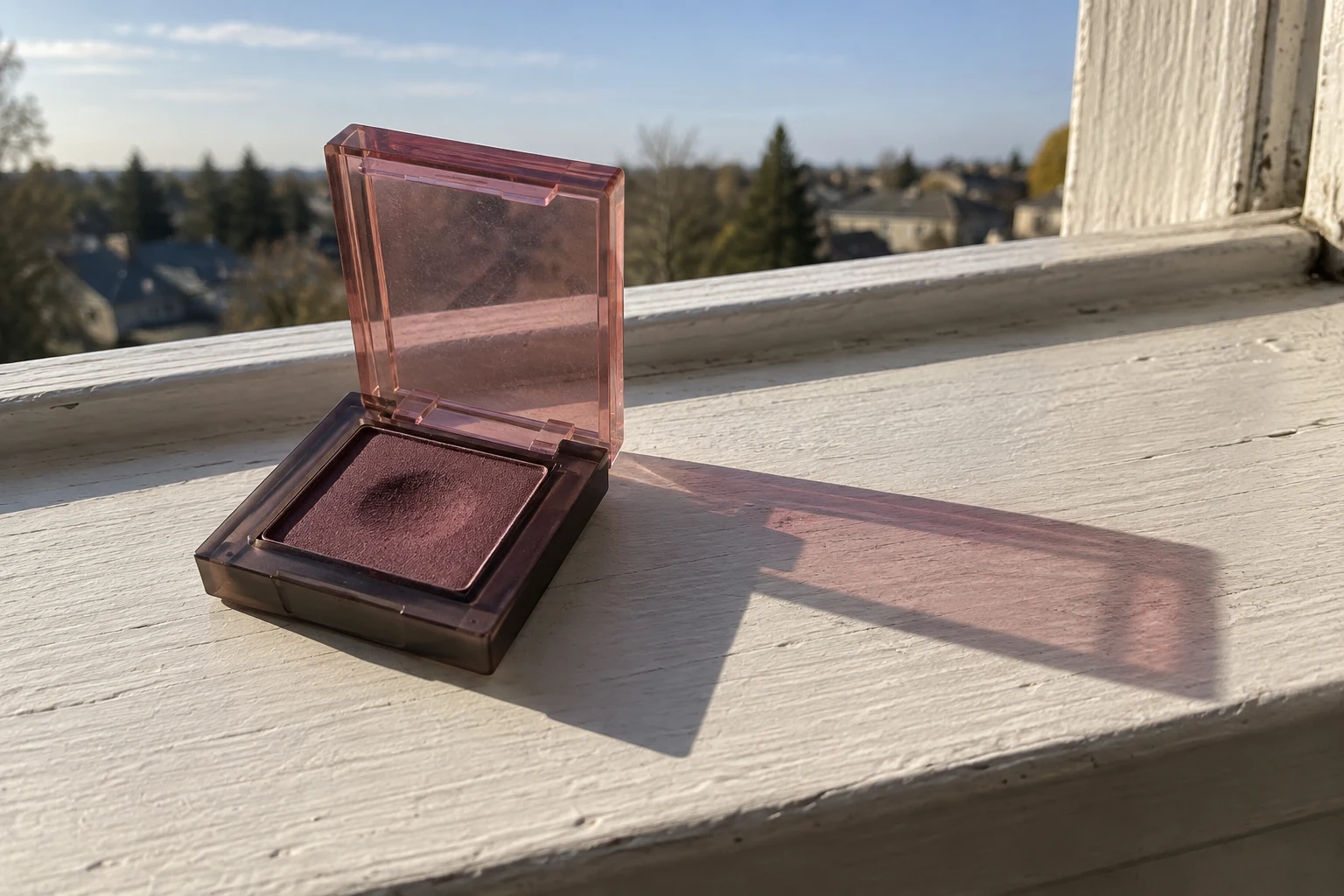 An open plum eyeshadow compact with a translucent rose-pink lid rests on a weathered white exterior windowsill, casting a long pink-tinted shadow in direct…