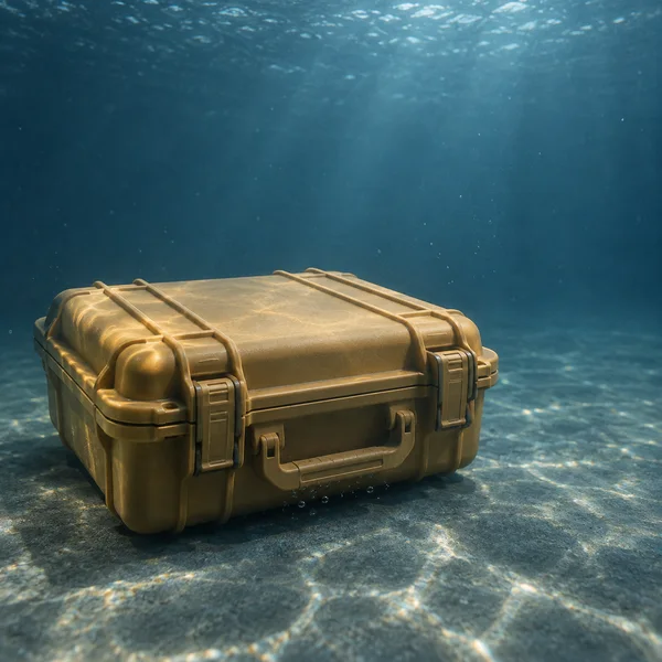 A rugged ochre-brown protective case rests on a blue-grey underwater floor, with two front latches, a recessed handle, and several raised bars across the lid…