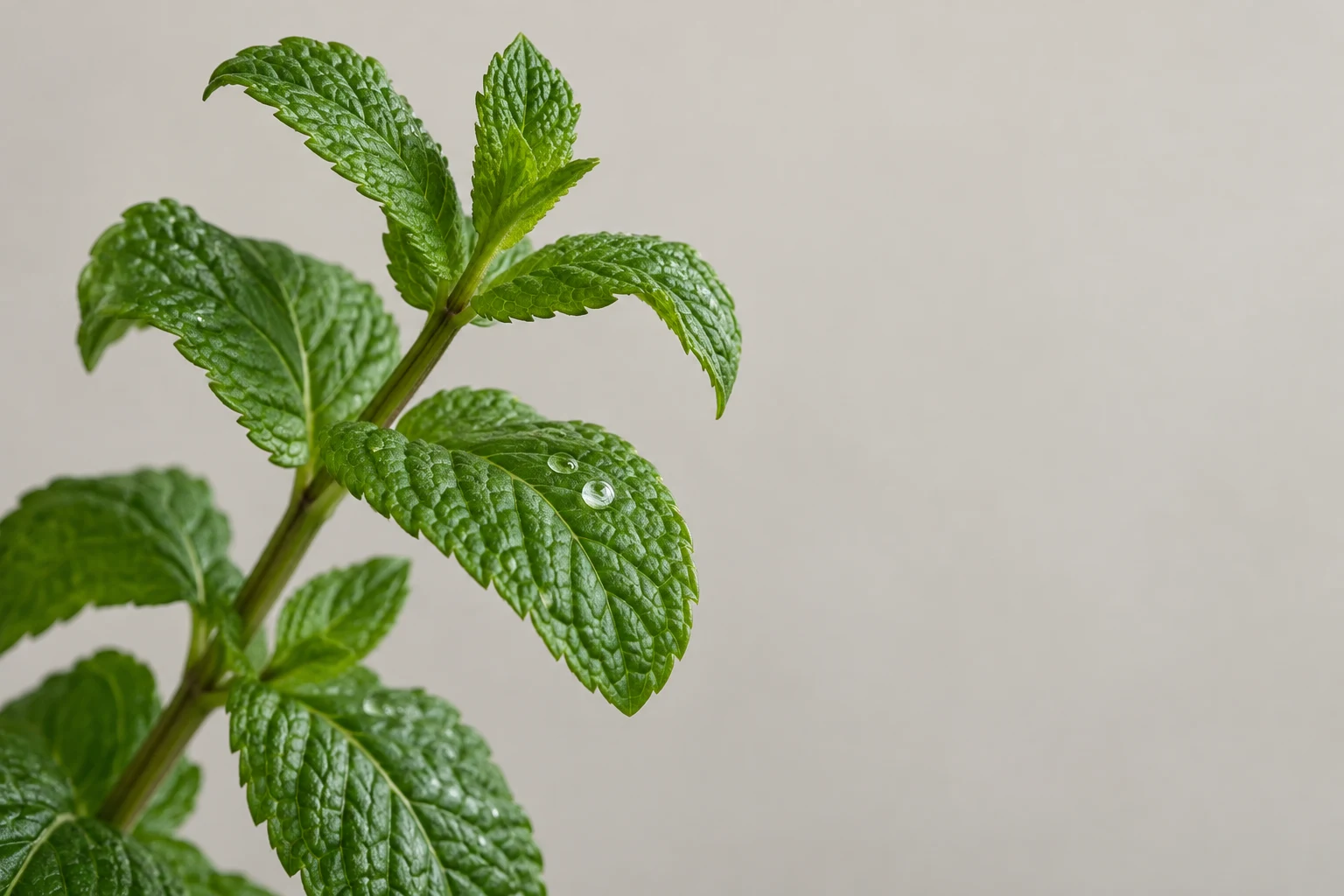 A fresh green mint sprig rises diagonally from the lower-left against a pale warm-grey background, with two water droplets on a prominent leaf and open space…