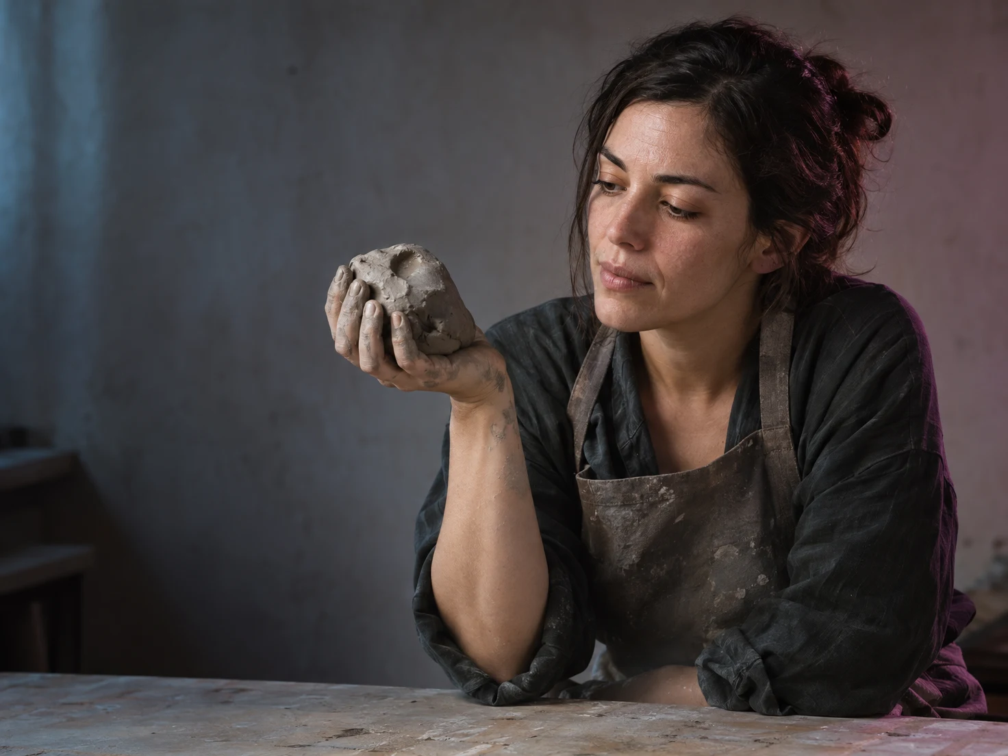 An adult ceramicist in a clay-marked apron pauses at a workbench, holding a rough gray clay lump in one hand and looking down at it.