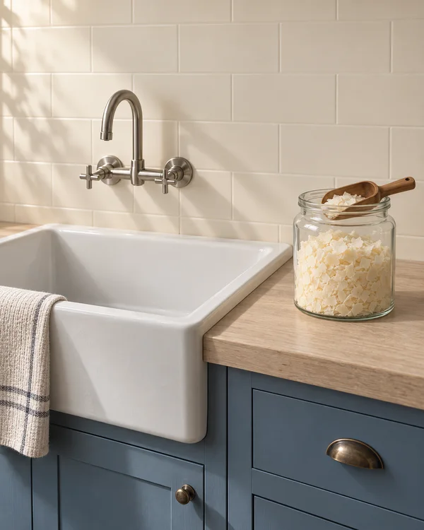 A white ceramic laundry sink and brushed metal wall tap sit above blue-gray cabinetry with a pale wood counter.