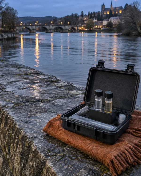 An open black water-testing case with two capped transparent tubes, one clear and one pale yellow, rests on rust-coloured cloth atop a stone ledge beside a…