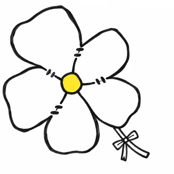 A large five-petaled flower drawn in uneven black marker, with a bright yellow centre, outlined petal seams and a small unfilled bow on its stem against white.