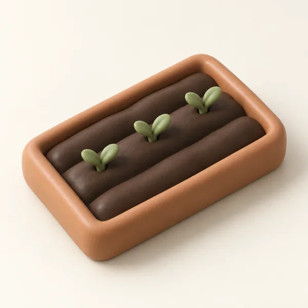 A miniature rectangular garden bed with a rounded clay-colored border sits on a warm ivory surface.