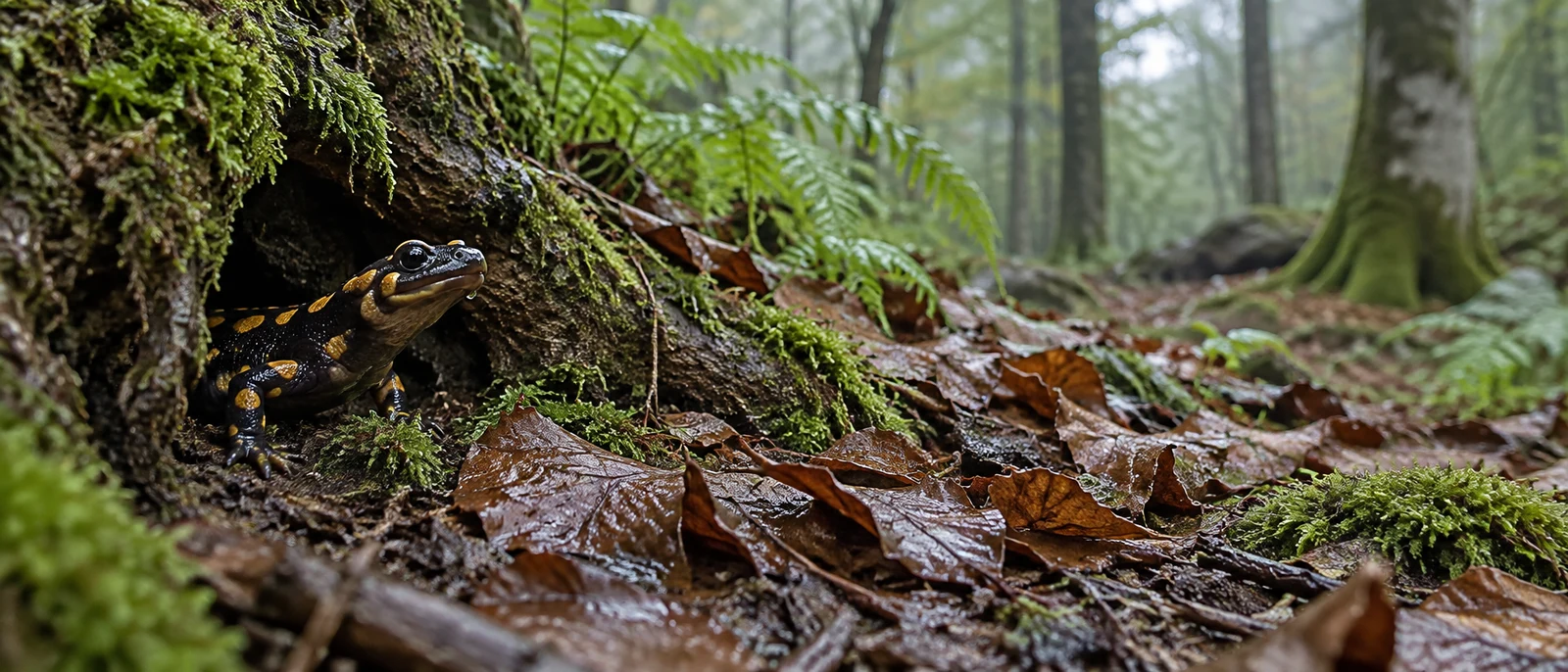 A dark salamander with yellow-orange spots emerges from a moss-covered hollow on the left, its head angled upward above wet leaves and moss on a woodland…
