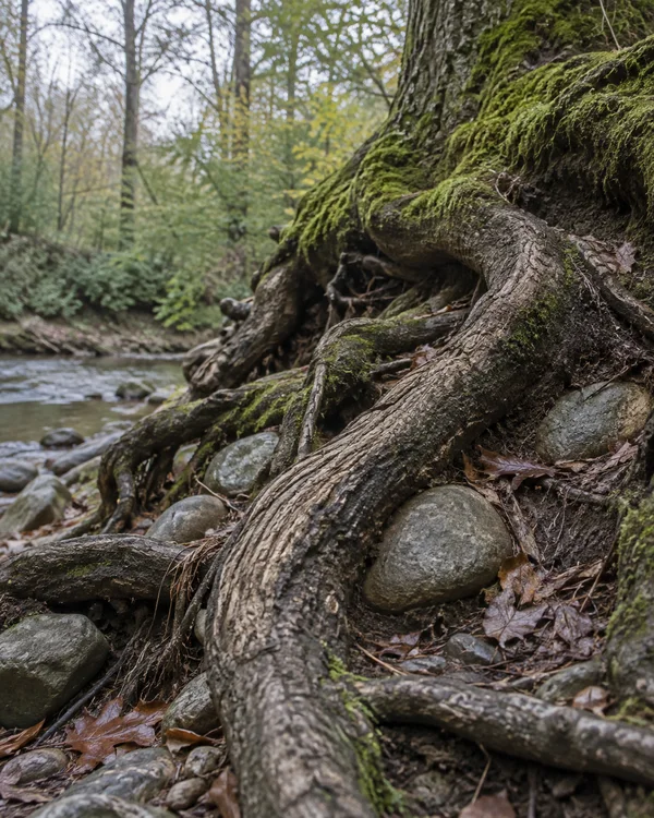 Close view of thick, moss-covered tree roots curving over rounded stones on a damp woodland stream bank, with fallen leaves and a softly blurred stream behind.