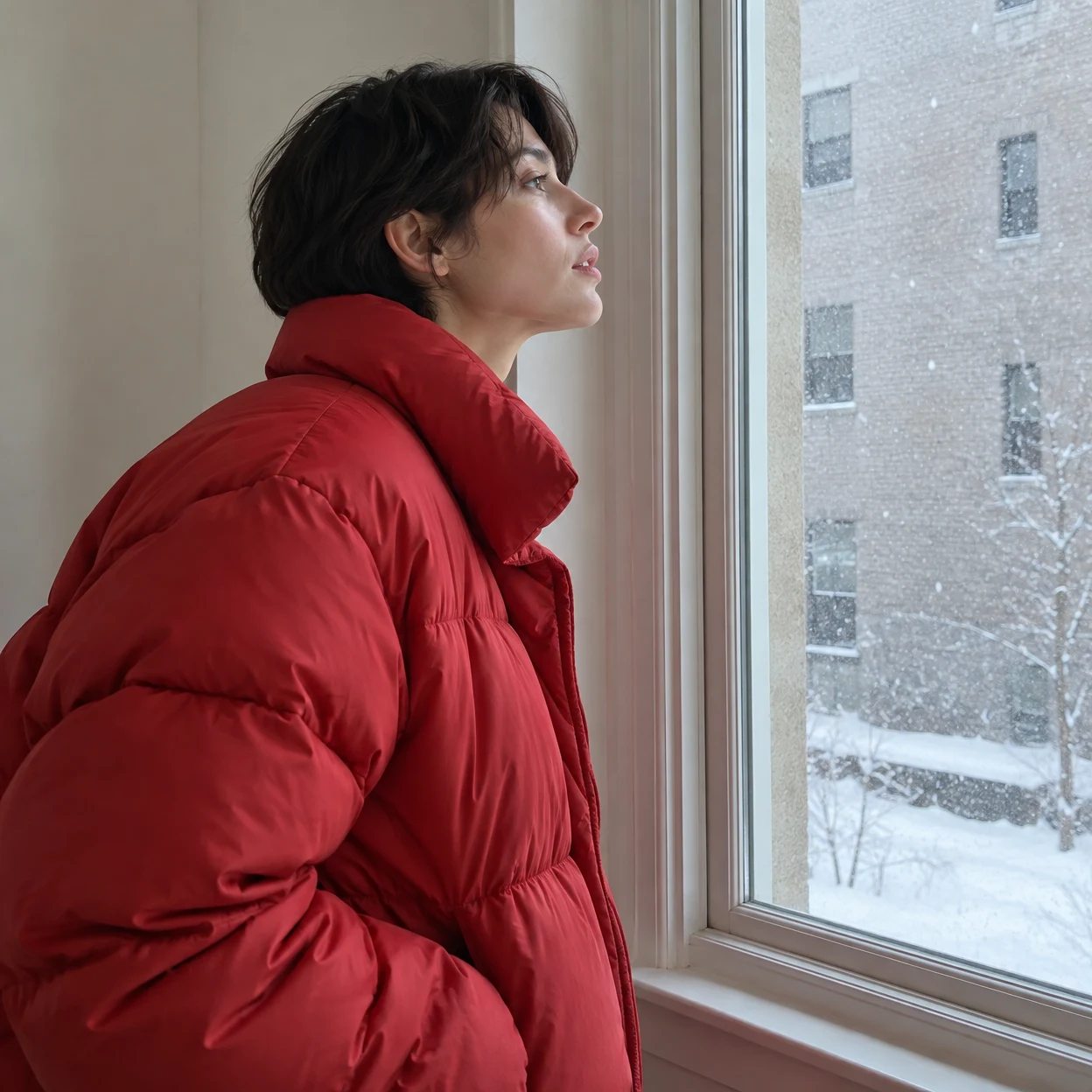 A short-haired adult in an oversized red puffer jacket leans toward an apartment window, looking out at falling snow and a snow-covered courtyard.