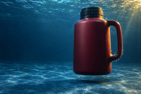 A burgundy, broad-bodied thermos jug with a black screw cap and large open handle floats upright above a rippled deep-blue tank floor, with small bubbles…