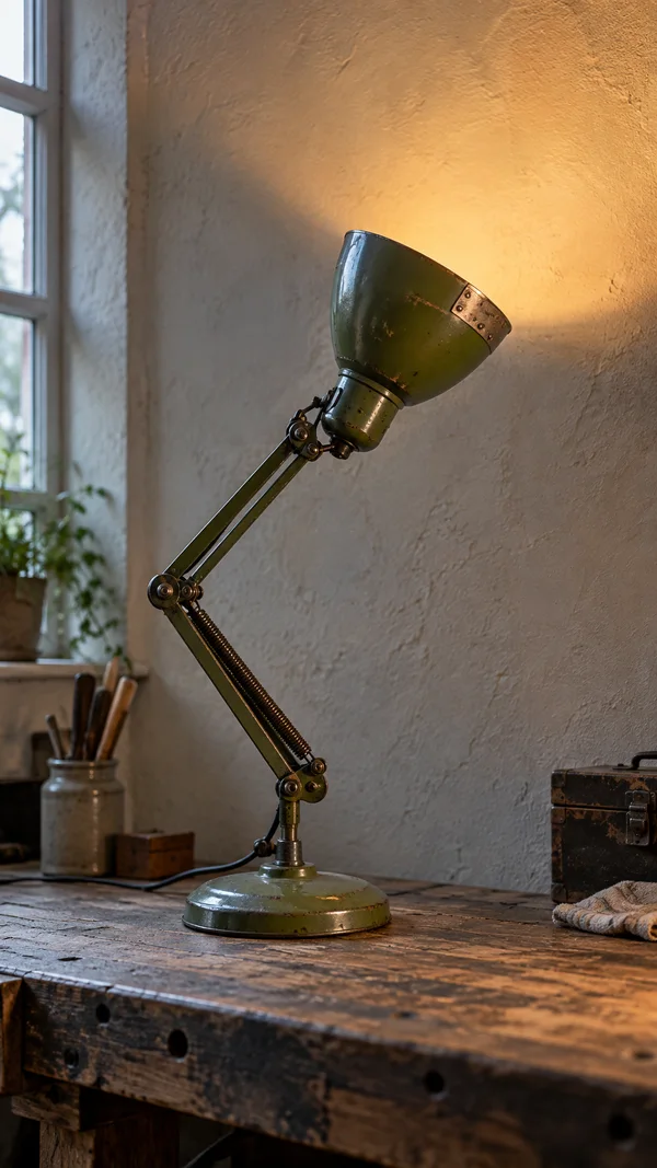 A vintage olive-green articulated desk lamp with a riveted patch on its shade stands on a worn wooden workbench, casting warm light onto a plaster wall beside…