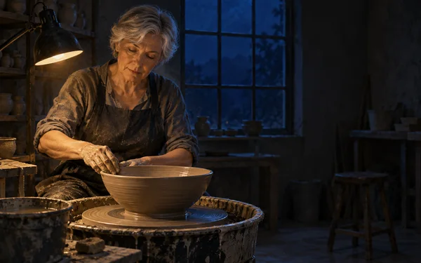 An older woman with short silver hair shapes a broad clay bowl on a pottery wheel in a dim workshop.