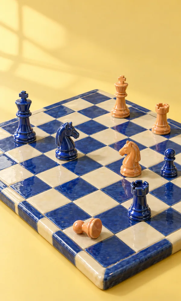 A glossy ceramic chessboard with alternating cobalt-blue and warm-ivory squares sits diagonally on a butter-yellow tabletop.