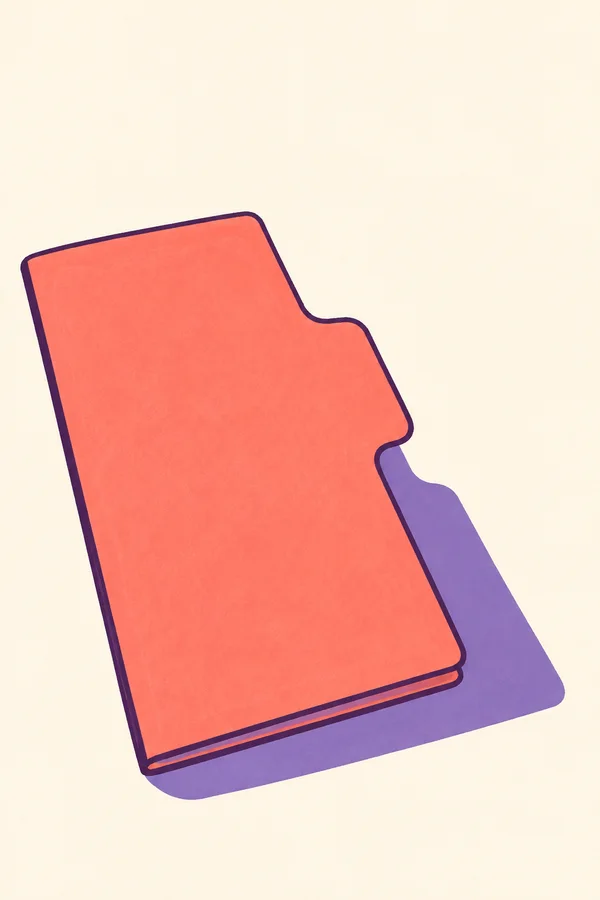 A coral document folder lies diagonally on a warm cream surface, casting a broad violet shadow toward the lower right.