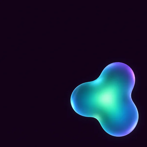 A glowing, asymmetrical three-lobed form with a bright sea-green and cyan centre and violet along its edges floats in the lower-right of a nearly black plum…