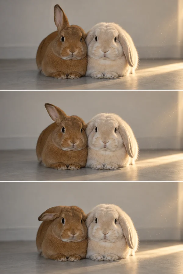 Three stacked photographs show a chestnut rabbit and a cream lop resting shoulder to shoulder on a grey floor against a plain wall.