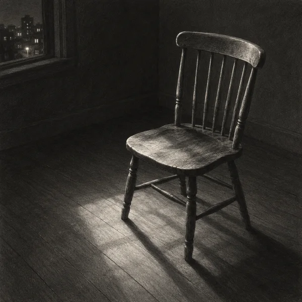 A worn spindle-back wooden chair stands on a plank floor in a dark room, illuminated by a bright patch of light; a window with distant city lights is visible…
