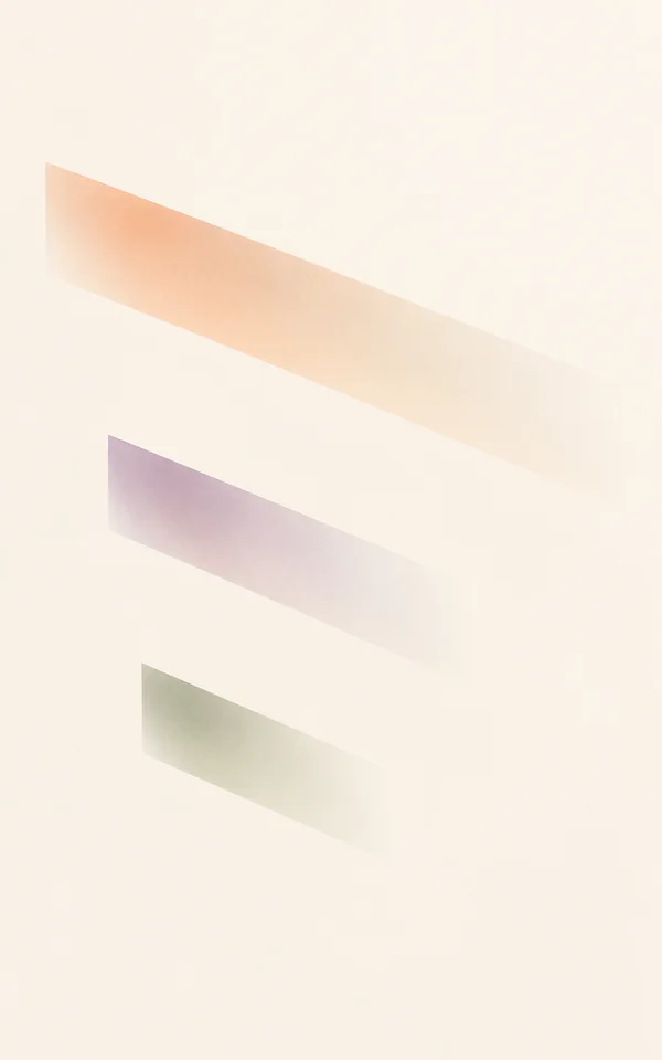 Three translucent-looking peach, lavender and sage diagonal colour washes of decreasing length cross a warm off-white ground, with broad areas of empty space…